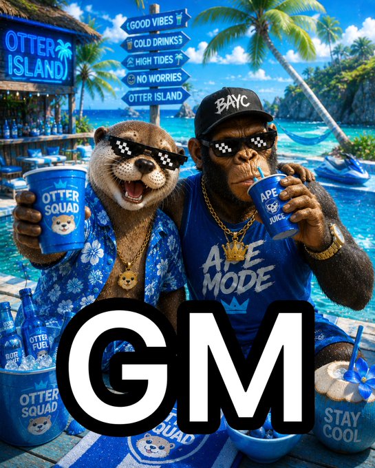 Two cartoon characters—an otter and a chimp in "BAYC" cap and "Ape Mode" shirt—sipping branded drinks on a tropical beach with "Otter Island," "Ape Juice," and "Stay Cool" signs. The large "GM" text and otter-themed merch tie into the post's "GM FAM!" Sunday Funday greeting with playful otter/ape vibes.