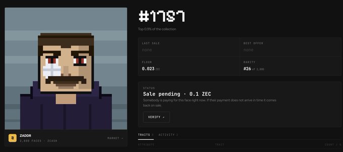 A pixel art NFT called "ZADOR" (labeled "ZADDR - 2,000 FACES - ZCASH") from the collection #1757 is shown with a sale pending status at 0.1 ZEC, reflecting the user's decision to exit the Zaddr project and focus on other NFT opportunities while the sale awaits verification.