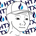 A Wojak meme figure wearing a cap is shown against a background tiled with "HTX" branding and blue flame icons, tying into the post's claim about $WOJAK securing another exchange listing on HTX and framing skeptics as cope-ridden non-believers.