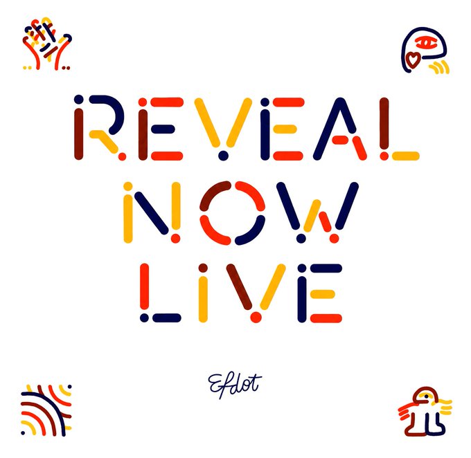 A colorful, playful typographic poster with abstract stick-figure icons reading 'REVEAL INNOVATE LIVE' in red, yellow, and blue, credited to 'Eplot'.