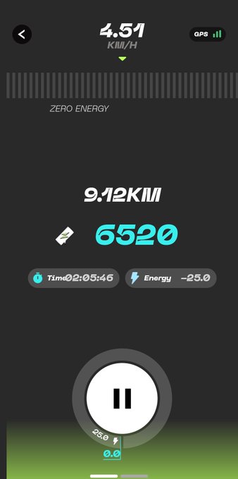 A STEPN GO running app displaying stats: 4.51 KM/H speed, 9.12KM distance, 6520 tokens earned, with 02:05:46 time elapsed and a paused state.