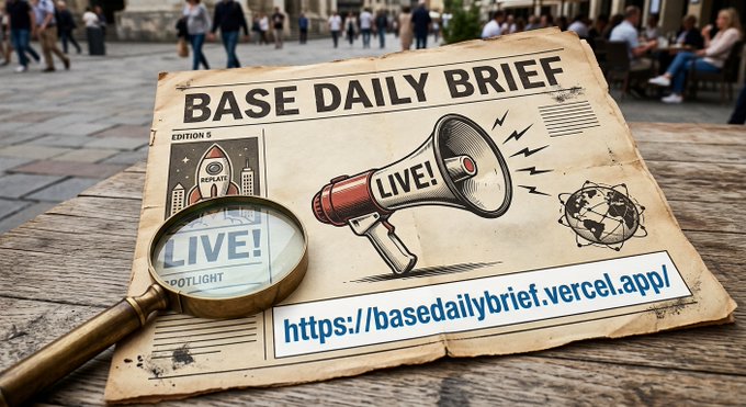 A vintage-style newspaper titled 'BASE DAILY BRIEF' featuring a megaphone with 'LIVE!' text and a magnifying glass, displayed on a wooden table with the URL https://basedailybrief.vercel.app/.