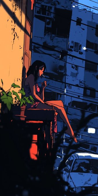 A stylized anime illustration shows a silhouetted woman with dark hair sitting on a ledge smoking a cigarette in an urban setting, illuminated by warm orange light against the deep blue facades of apartment buildings at night.