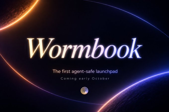 A promotional graphic for 'Wormbook,' described as 'The first agent-safe launchpad,' announces a launch coming early October against a cosmic background with planet curves.