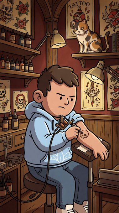 The image features a cartoon boy sitting at a tattoo parlor with a cat nearby. The boy has a tattoo on his arm, and there are several tattoos visible around him. A cat can be seen resting on top of one of the shelves behind the boy. The scene is set in an office or tattoo shop environment, where the boy is getting a tattoo from a professional artist.