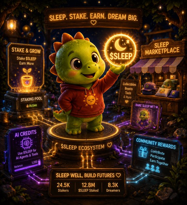 A digital promotional graphic for a "$SLEEP ECOSYSTEM" featuring a green cartoon dinosaur mascot in a red hoodie, with surrounding text panels advertising "STAKE & GROW", "SLEEP MARKETPLACE", "AI CREDITS", and "COMMUNITY REEDWARD" along with stats like "24.5K Stakers" and "12.8M $SLEEP Staked".