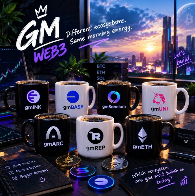 A promotional image for 'GM WEB3' with the text 'Different ecosystems. Same morning energy.' featuring seven coffee mugs labeled gmINK, gmBASE, gmSoneium, gmUNI, gmARC, gmREP, and gmETH alongside various cryptocurrency logos.