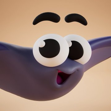 A close-up 3D render of a grey, smooth, alien-like character with large, expressive eyes and a small smile against a plain peach background.