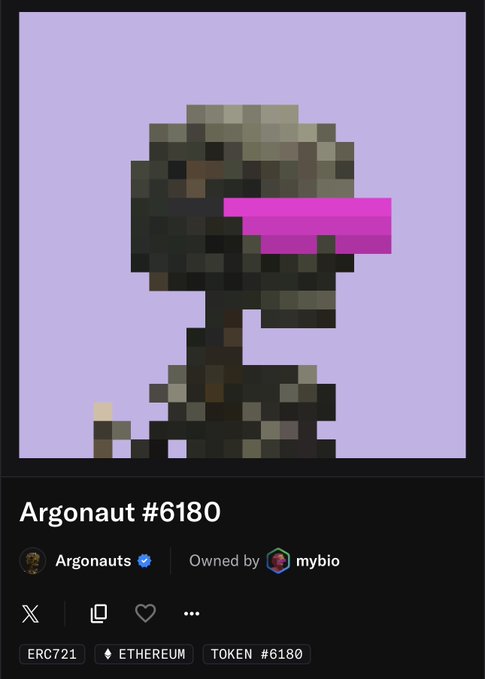 An OpenSea-style NFT listing titled “Argonaut #6180,” owned by “mybio,” labeled ERC721, Ethereum, Token #6180.