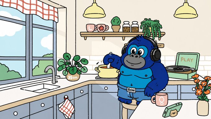 A cartoon illustration of a blue gorilla named 'RON' wearing headphones and an apron, standing in a kitchen while stirring a pot next to a record player labeled 'PLAY'.