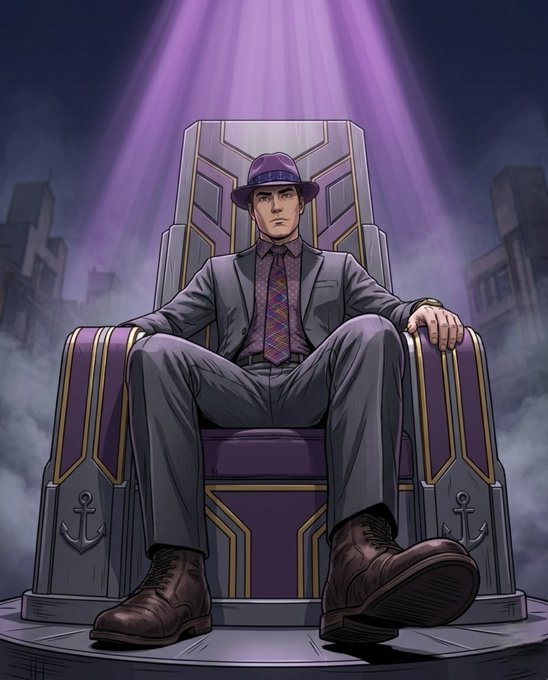 A stylish illustration shows a confident man in a purple fedora and tailored suit seated on an ornate throne with anchor motifs, bathed in purple spotlights against a cloudy cityscape. The commanding, larger-than-life pose conveys a weekend king-of-the-world vibe that matches the "GM & happy weekend friends" greeting.