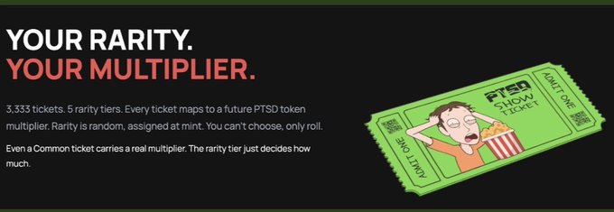 A promotional graphic reading 'YOUR RARITY. YOUR MULTIPLIER.' advertising 3,333 PTS tickets mapped to future PTSD tokens with 5 rarity tiers, featuring a cartoon Morty from Rick and Morty on a green 'PTSD SHOW TICKET'.