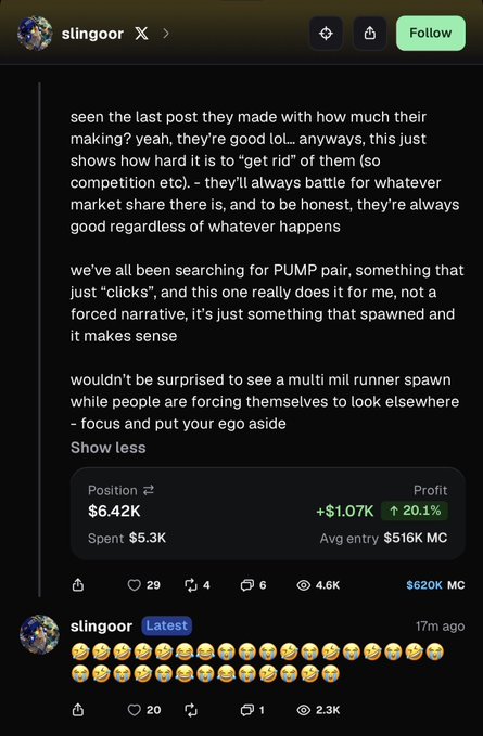 A Twitter thread screenshot from user 'slingoor' discussing crypto/trading, mentioning PUMP pair and market share, with a position showing $6.42K and profit of +$1.07K (+20.1%).