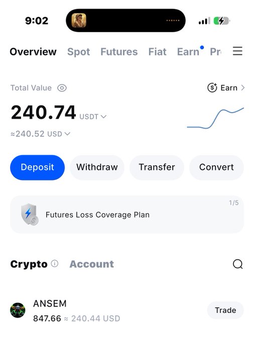 A screenshot of a crypto exchange portfolio showing a total value of 240.74 USDT (~$240.52 USD) with a small upward trend chart, and ANSEM token listed at 847.66 (~240.44 USD) — illustrating the poster's excitement about a $100 investment growing to roughly $240.