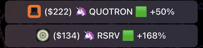 The image displays two crypto holdings with their values and gains: QUOTRON at $222 with +50% and RSRV at $134 with +168%, showing RSRV rapidly gaining on QUOTRON's lead. The data illustrates the post's message about a competitive race between the two assets, with RSRV's higher percentage growth threatening to overtake QUOTRON's larger absolute value.