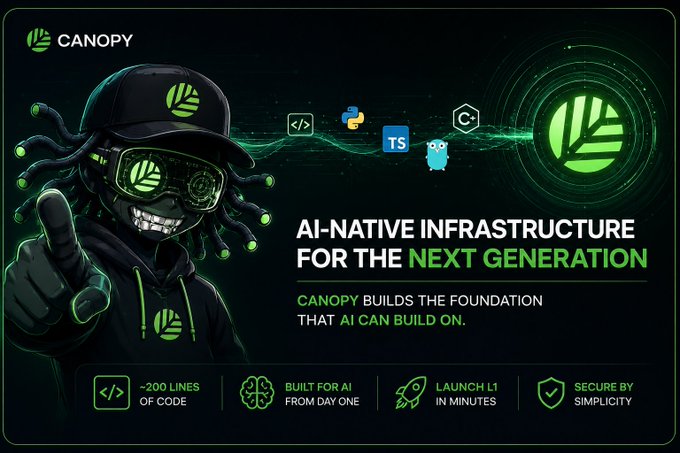 A promotional banner for 'CANOPY' advertising 'AI-NATIVE INFRASTRUCTURE FOR THE NEXT GENERATION,' featuring a character with a glowing visor and the tagline '~200 LINES OF CODE,' 'BUILT FOR AI FROM DAY ONE,' 'LAUNCH L1 IN MINUTES,' and 'SECURE BY SIMPLICITY.'