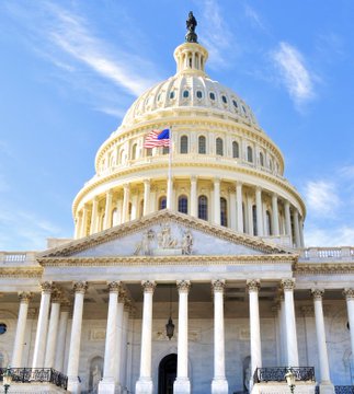 A view of the United States Capitol building's exterior featuring its white dome, columns, and an American flag flying against a blue sky.