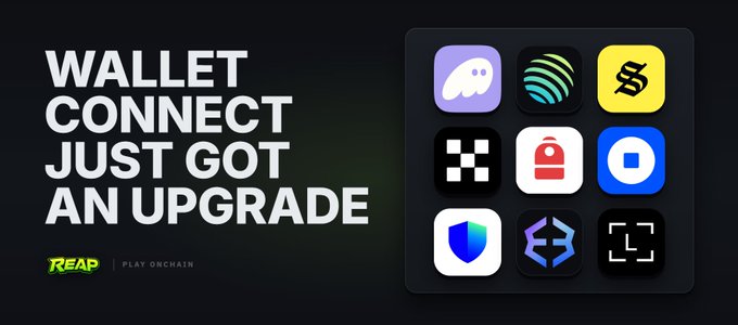 An advertisement banner reading 'WALLET CONNECT JUST GOT AN UPGRADE' by Reap and Play Onchain, featuring various wallet app icons like Phantom, Solflare, and Coinbase Wallet.