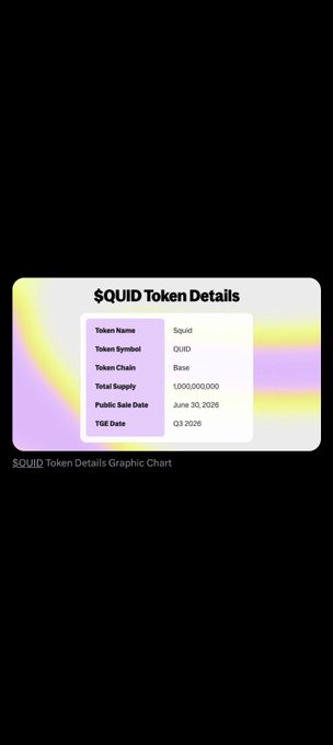A graphic titled "$QUID Token Details" displays key information in a table format: Token Name: Squid, Token Symbol: QUID, Token Chain: Base, Total Supply: 1,000,000,000, Public Sale Date: June 30, 2026, and TGE Date: Q3 2026. The chart visually summarizes the public sale details for the $QUID token on Base, matching the post's announcement about the upcoming token launch.