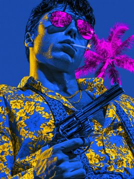 A stylized pop-art portrait of a man wearing pink sunglasses, holding a pistol with neon pink and yellow color accents against a blue-toned background featuring palm trees.