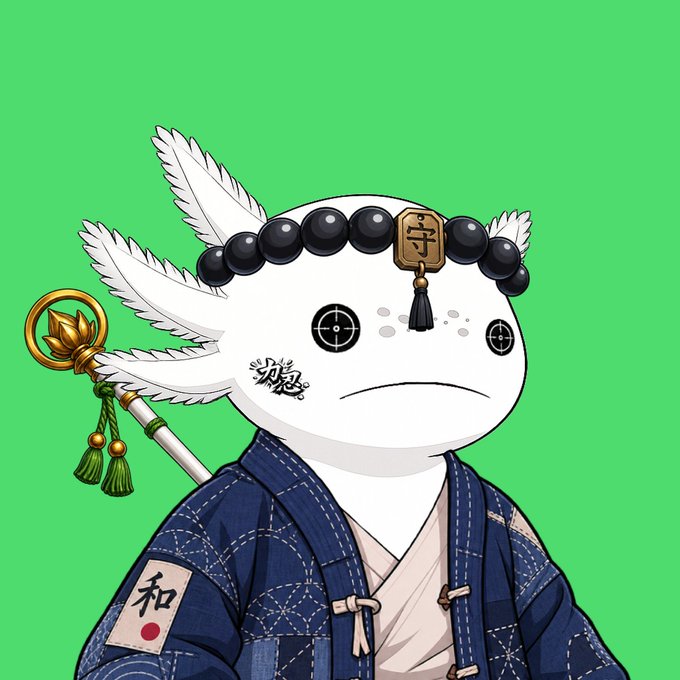 A digital illustration of a white axolotl character dressed in a blue Japanese-style robe with a '和' symbol, wearing a black beaded headband and holding a staff with white wings on a green background.