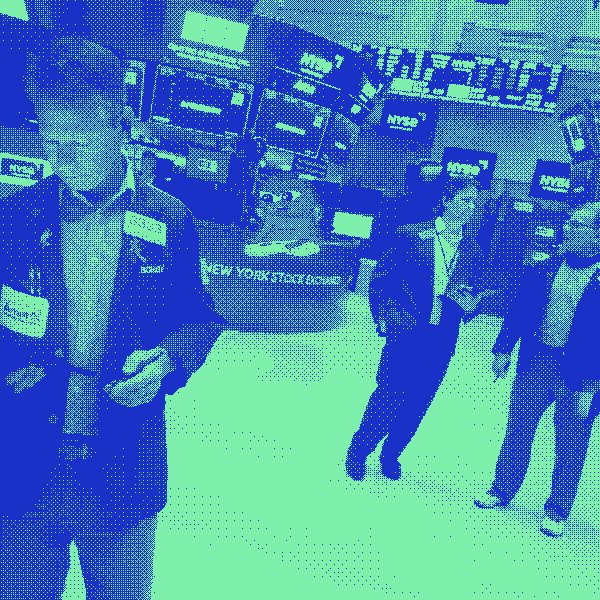 A blue and green stylized image showing stock traders on the floor of the New York Stock Exchange (NYSE), with the number '6523' circled in green.