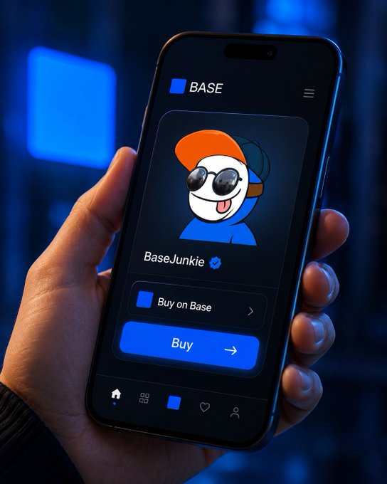 A hand holds a smartphone displaying the Base app, showing the "BaseJunkie" profile with a verified checkmark and a cartoon mascot wearing an orange cap and sunglasses. The screen features a prominent blue "Buy" button, visually reinforcing the post's message about adding new positions across multiple chains including Base.