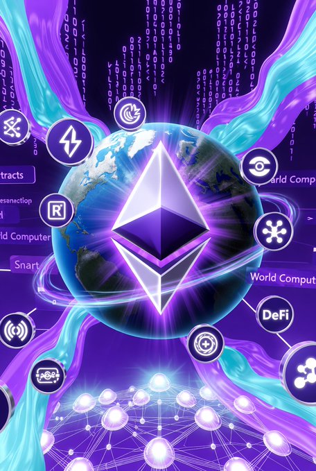 A glowing Ethereum logo (ETH) hovers over an Earth globe surrounded by icons and labels for "World Computer," "DeFi," "Smart," and "World Computer," with purple binary streams and a connected node network below. The image visually reinforces Ethereum's identity as a decentralized global network, mirroring the post's description of ETH as the native cryptocurrency powering a "world computer" for smart contracts and decentralized applications.
