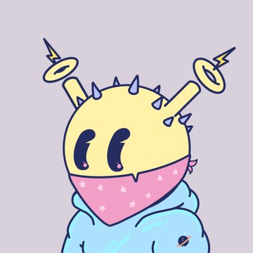 A digital illustration of a yellow, round cartoon character with spiky protrusions, tears in its eyes, and a pink star-patterned bandana around its neck, set against a light blue background.