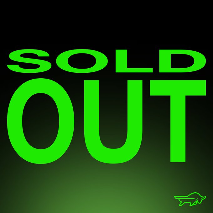 A glowing green neon "SOLD OUT" sign against a dark background, paired with the seller's message celebrating that their NFT project sold out within just 15 hours of collaborations with top-tier communities.