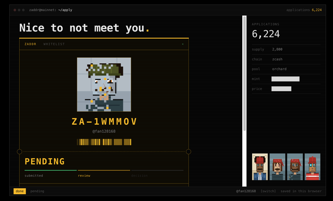 A user applies for the "ZADDR Whitelist" on the zaddr-mainnet application page, displaying their username "ZA-1WMMMOV" (gfaml20168) in a pixel-art portrait alongside a progress bar showing "PENDING" in the review stage. The interface confirms the NFT project details mentioned in the post: a total supply of 2,800 on the Zcash (ZEC) chain using the Orchard pool, with current applications at 6,224.