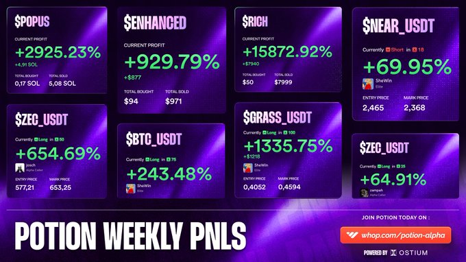 The image shows a purple background with white text that reads "Potion Weekly PNLs" at the top of the screen. Below this, there are seven squares containing different numbers related to cryptocurrency trading. The numbers include $RICH, $ZEC, and $USDT, as well as other terms like $ENHANCED, $SORASS, and $ZEC. These numbers represent the gains or losses in value for various cryptocurrencies over a week.