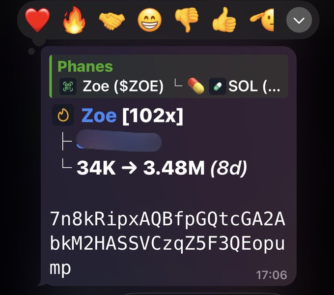 A chat message from user 'Phanes' shows a cryptocurrency trade report for 'Zoe ($ZOE)', noting a return of '34K → 3.48M (8d)' which is a 102x gain, along with a transaction signature.