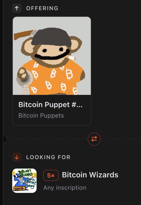 A dark-themed trading interface showing an 'OFFERING' of a 'Bitcoin Puppet' NFT from the 'Bitcoin Puppets' collection, in exchange for '5x Bitcoin Wizards' ('Any inscription').