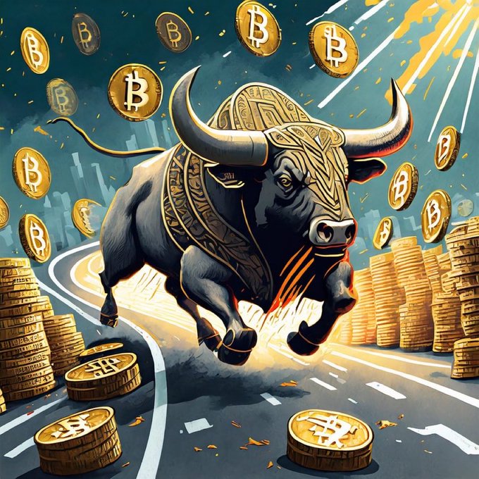 A vibrant illustration features a stylized bull charging forward on a road surrounded by falling and stacked gold Bitcoin coins.