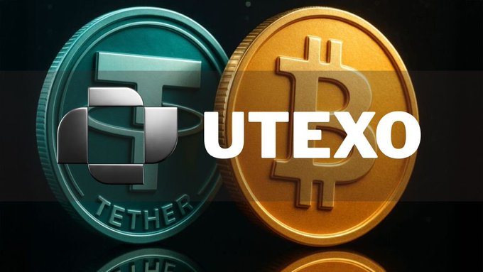 A graphic displaying physical-style Tether (USDT) and Bitcoin (BTC) coins with the word 'UTEXO' overlaid in large white text.