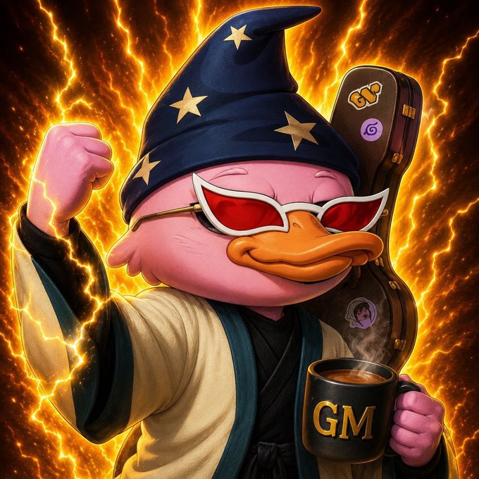A digital illustration depicts a pink duck wearing a wizard hat with stars, red sunglasses, and holding a 'GM' coffee mug against a lightning background.