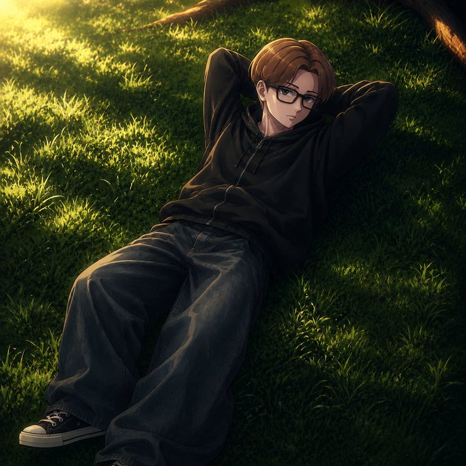 A young man with glasses and brown hair lies relaxed on the grass in a black hoodie and jeans, taking a peaceful break from his repetitive daily routine. The image captures a quiet moment of recharging during an otherwise monotonous cycle of work and rest.