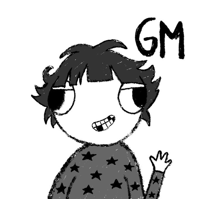 Black and white hand-drawn illustration of a character with messy dark hair and star-patterned shirt waving, with 'GM' written in the upper right corner.