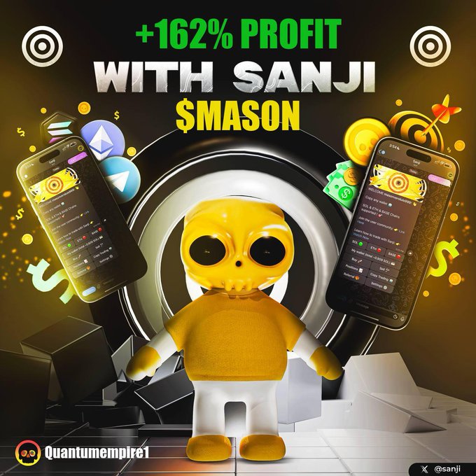A promotional graphic celebrating a +162% profit with the $MASON token, featuring a stylized yellow robot mascot flanked by two smartphones displaying trading interfaces, with branding for @SanjiTerminal and Quantumempire1's X handle at the bottom. The image illustrates a community member's successful trading results, aligning with the post's call for users to share their PNL using the Sanji bot.