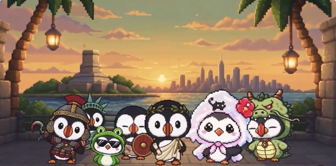 A pixel art scene featuring a group of cartoon penguin and animal characters posing together against a backdrop of a sunset city skyline and water.