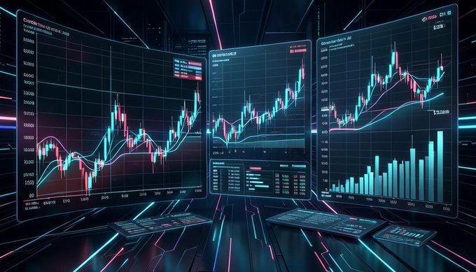 Digital rendering of three glowing monitors displaying financial candlestick charts and data interfaces in a futuristic, neon-lit setting.