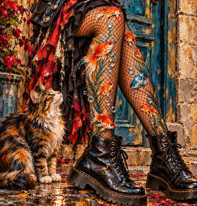 A person with fish and water-themed leg tattoos stands in chunky black boots next to a calico cat on a paint-splattered street.