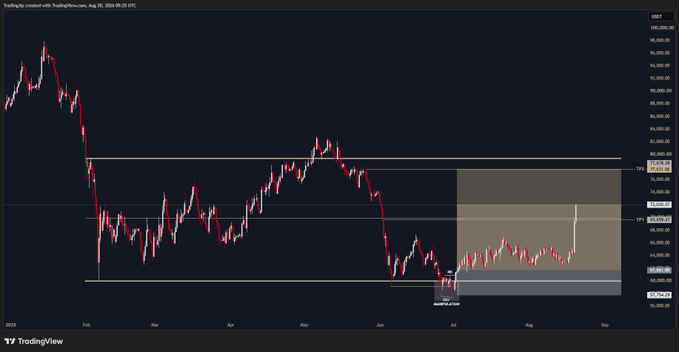 A TradingView chart displays BTC/USD on a daily timeframe, showing a sharp rally from around $49,300 to a high near $71,983 in mid-May, followed by a decline. The post references the first profit target being hit on a long swing trade, corresponding to the upward price movement marked on the chart between May and July.