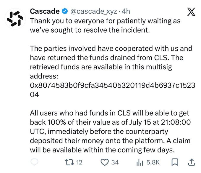 A tweet from Cascade (@cascade_xyz) announcing the return of funds drained from CLS to users, providing a multisig address '0x8074583b0f9cfa345405320119d4b6937c152304' for affected users to claim 100% of their value.
