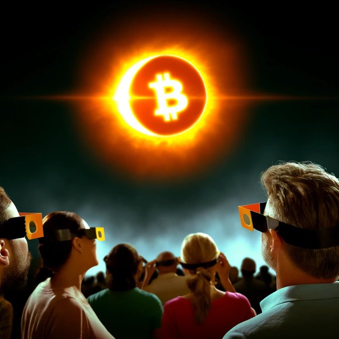 A crowd wearing protective eclipse glasses gazes upward at a glowing Bitcoin (₿) symbol shaped like a total solar eclipse in the sky. The image playfully illustrates the post's theme of viewing Bitcoin as a powerful, awe-inspiring event demanding collective attention.