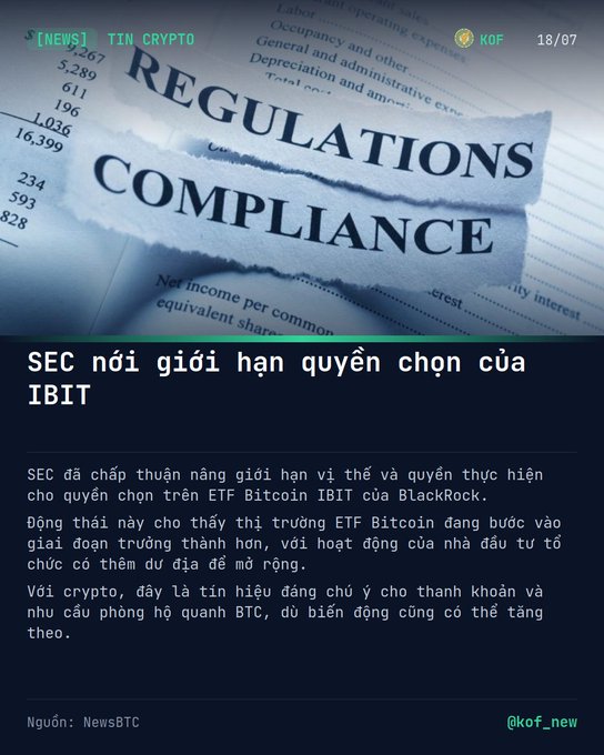 A Vietnamese-language news graphic titled 'TIN CRYPTO' reports on the SEC limiting BlackRock's IBIT ETF options, with 'REGULATIONS COMPLIANCE' text over financial documents.