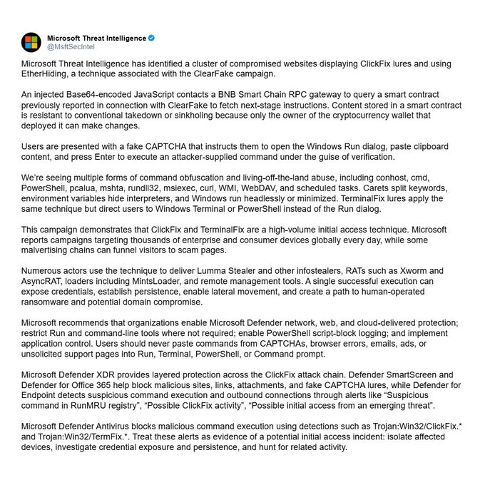 Microsoft Threat Intelligence tweet (@MsftSecIntel) warning about a cluster of compromised websites displaying ClickFix lures using EtherHiding, associated with the ClearFake campaign and distributed via BNB Smart Chain smart contracts.