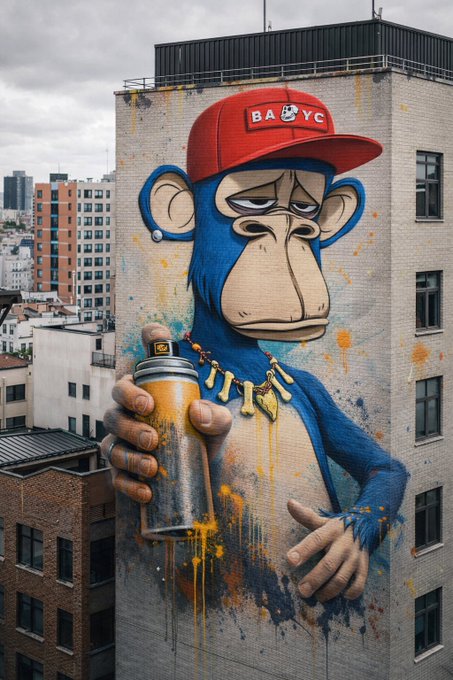 A large mural of a sad blue Bored Ape wearing a red 'BAYC' cap and gold chain, holding a spray paint can on the side of a brick building.
