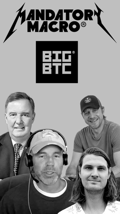 A promotional graphic titled "MANDATORY MACRO" featuring the "BTC BTC" logo and four black-and-white portraits of men against a gray background.